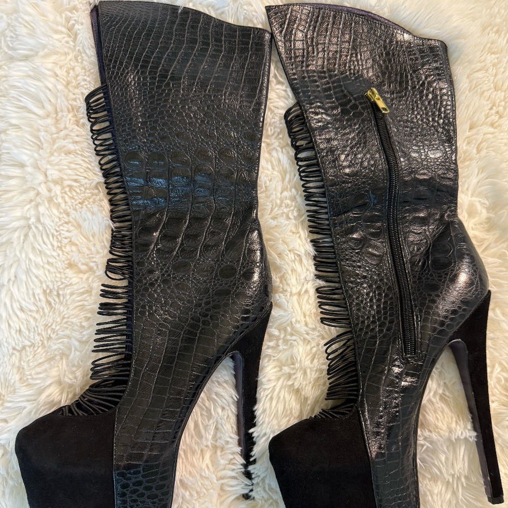 Black Croc-Embossed Thigh-High Platform Stiletto Boots with Caged Lace-Up Design